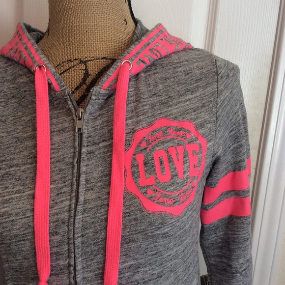 Reflex “Love” zip up light gray hoodie sweater neon pink text junior’s M school - Picture 2 of 14